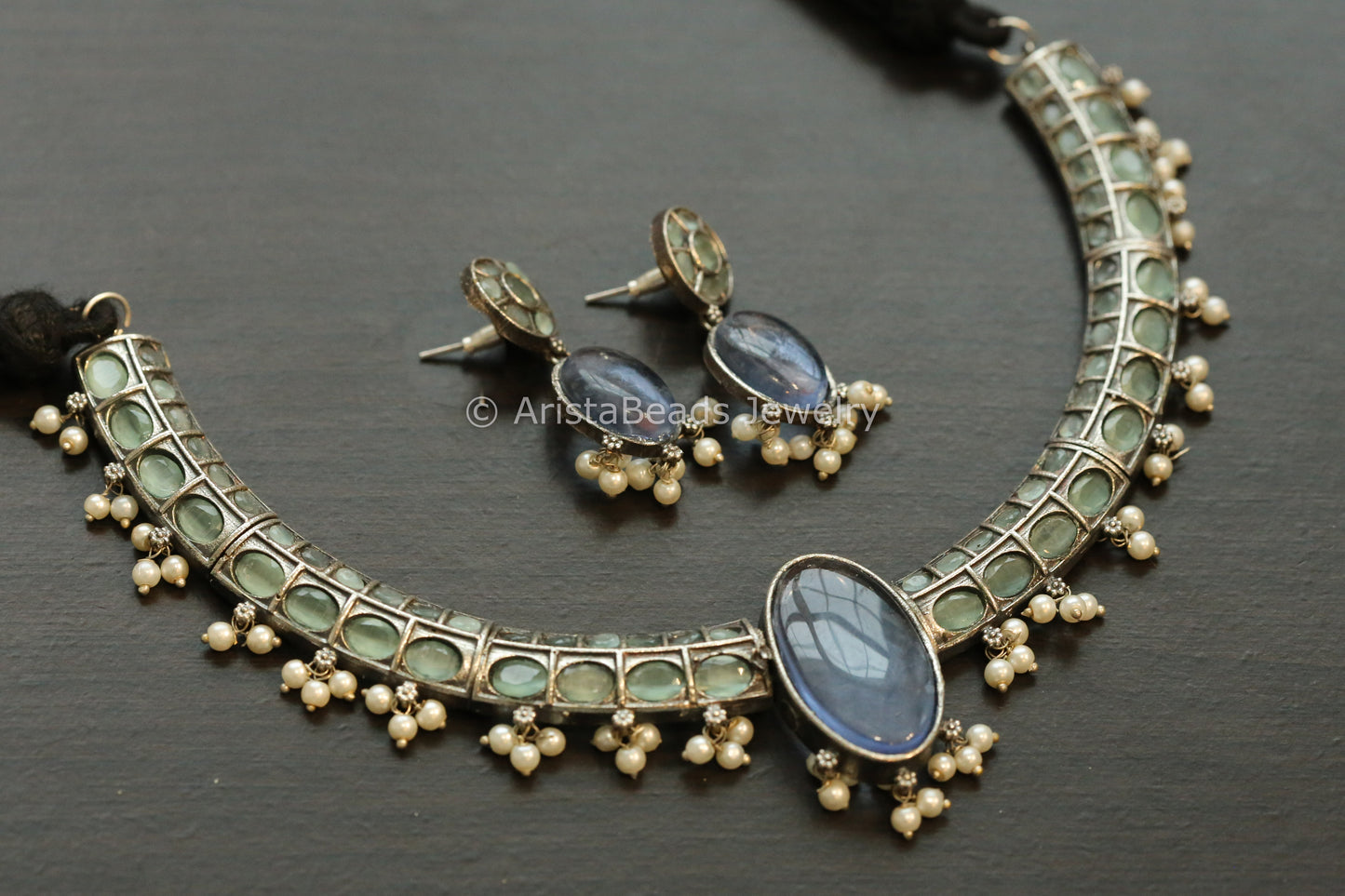 Oxidized Hasli Necklace Set - Mint & Clear