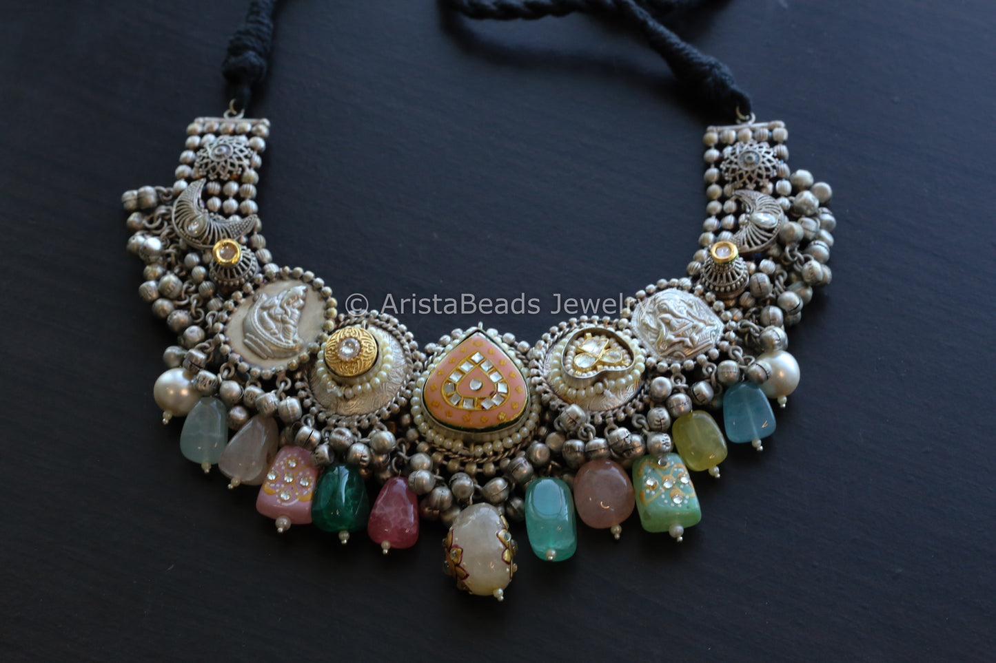 92.5 Silver Polish Kundan Enamel Necklace Set - Style 3