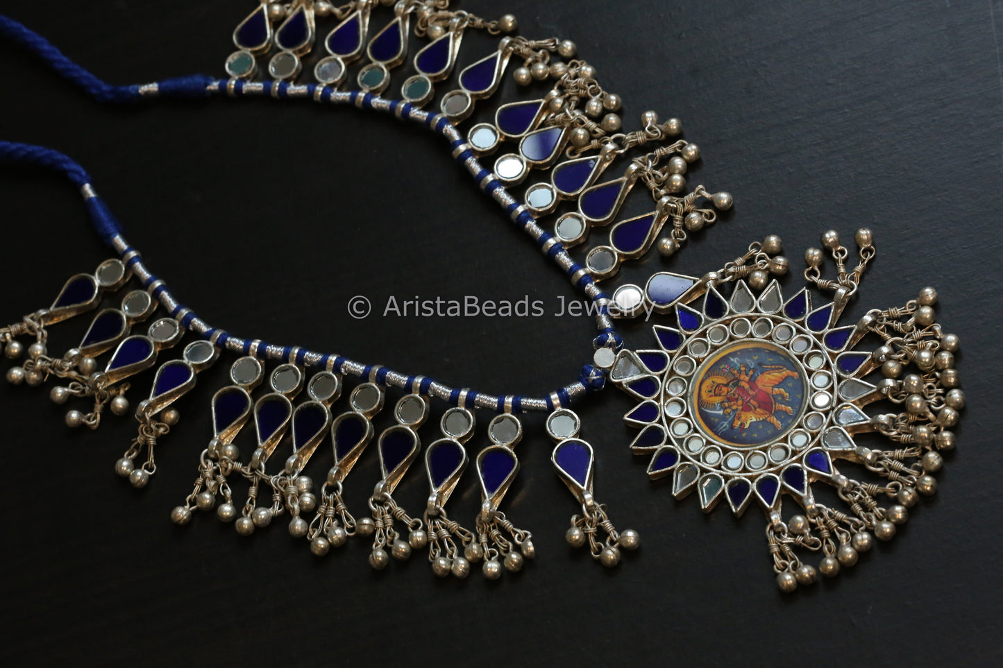 Darpan Oxidized Real Glass Long Necklace- Clear & Blue