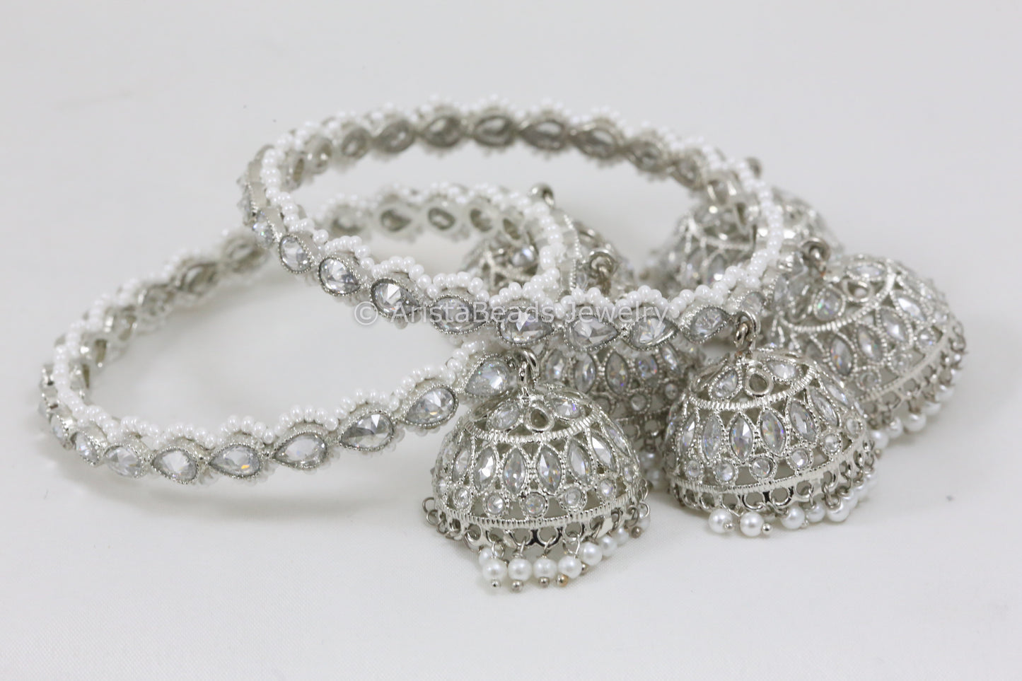 Silver Finish Polki Jhumka Bangle Set