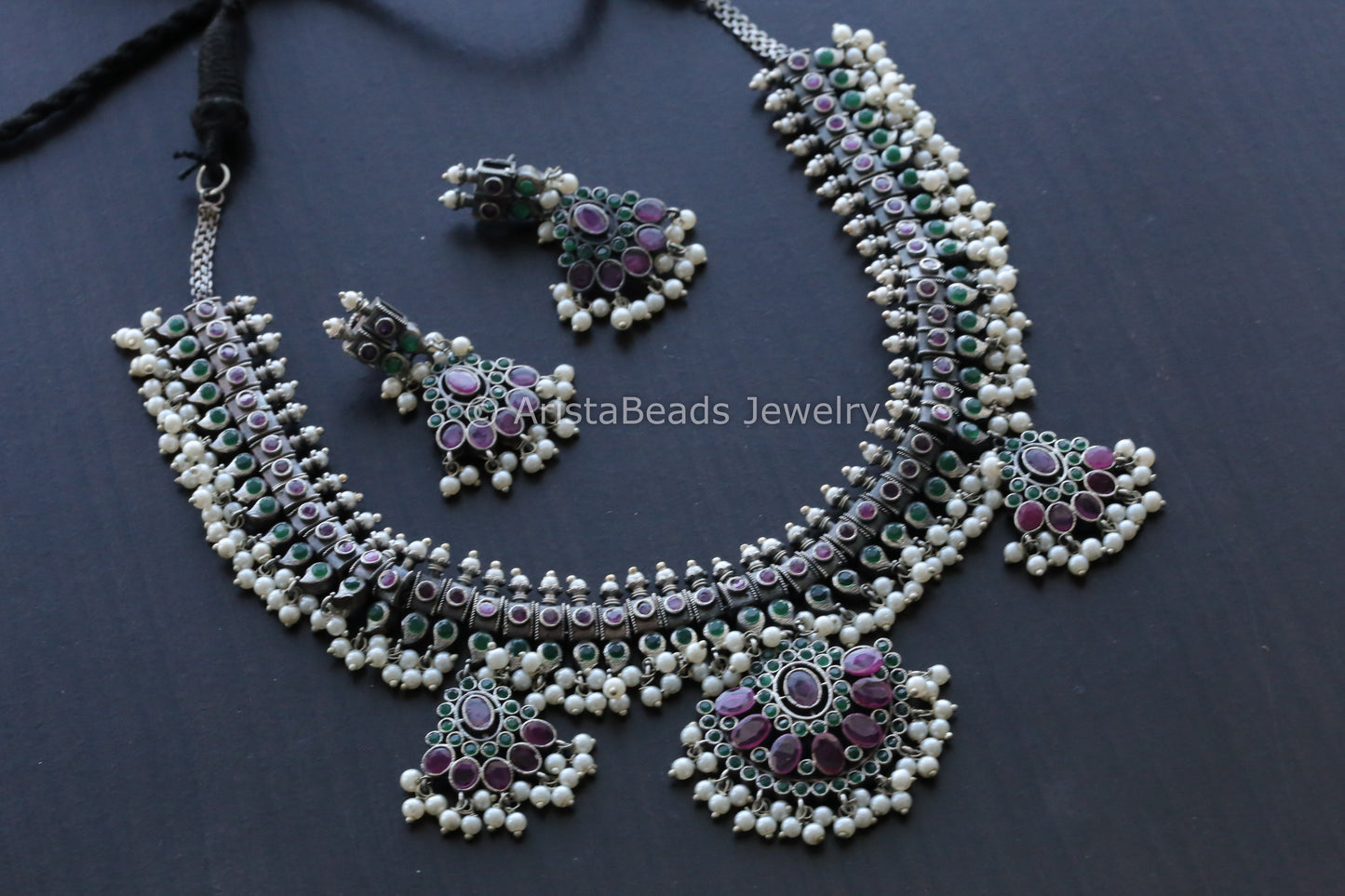 Oxidized Guttapusalu Necklace - Ruby Green