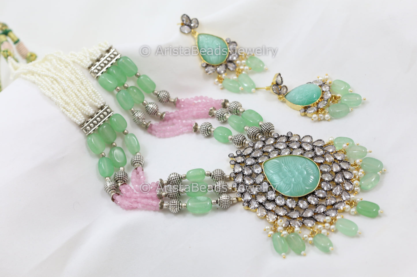 Contemporary Polki Carved Stone Necklace Set