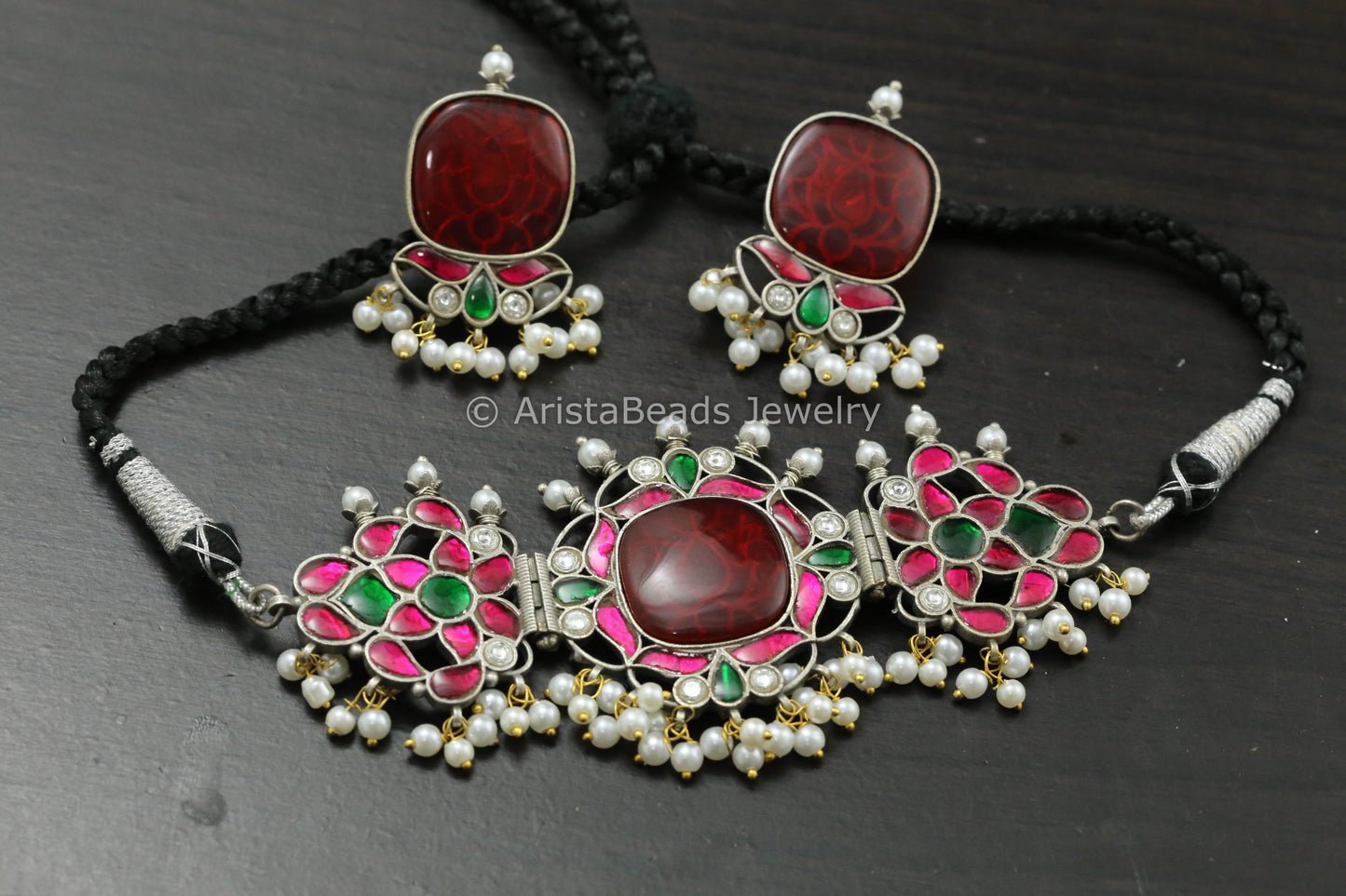 Silver Finish Jadau Choker Set - Red