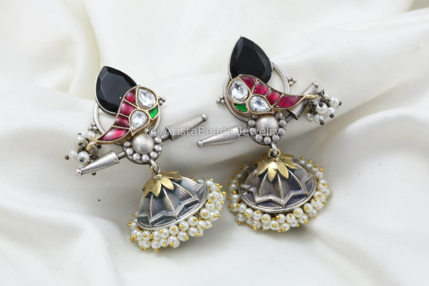 Jadau Kundan Silver Replica Fusion Jhumka -Black Ruby