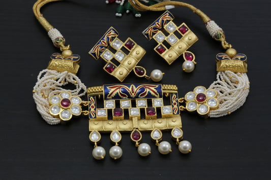 Kundan Polki Enamel Choker  Set - Blue