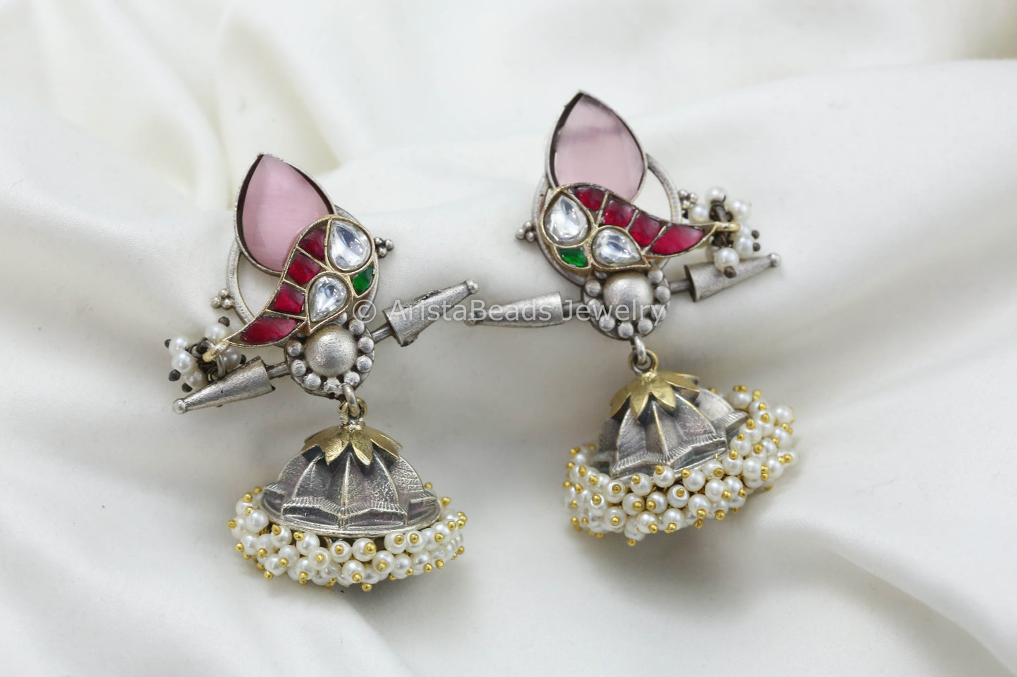Jadau Kundan Silver Replica Fusion Jhumka -Pink