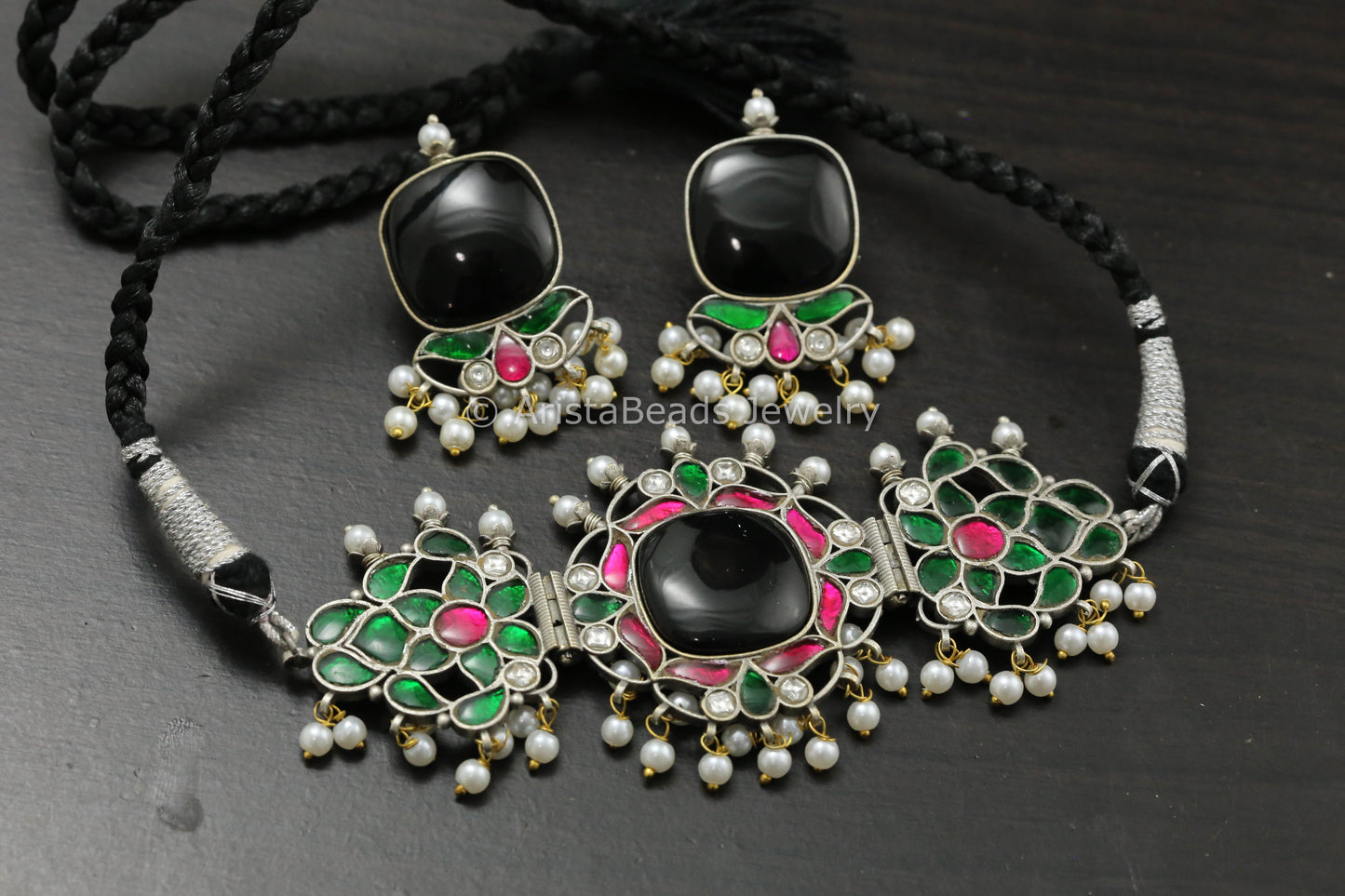 Silver Finish Jadau Choker Set - Black