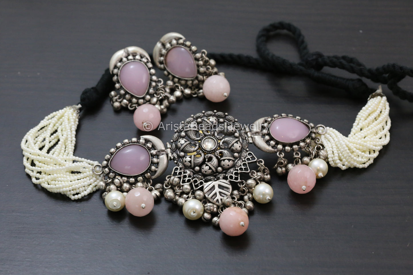 Silver Look Alike Kundan Peacock Necklace - Pink