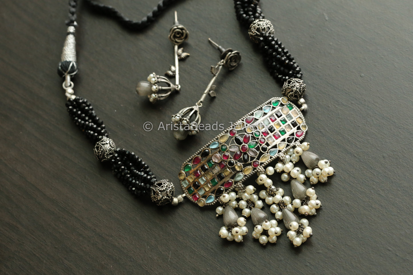 Oxidized Navratna Necklace Set - Black