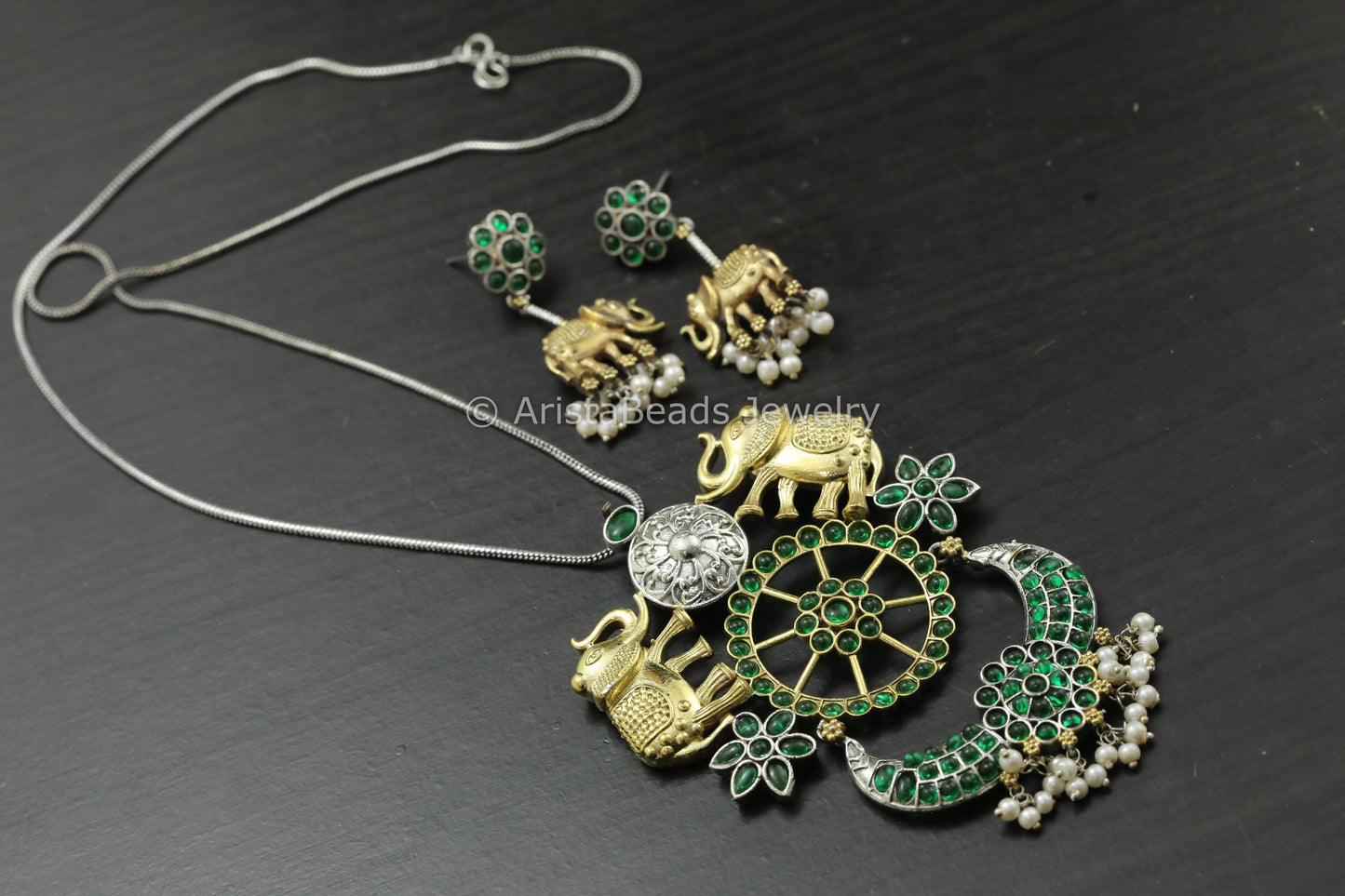 Dual Tone Silver Replica Necklace - Green
