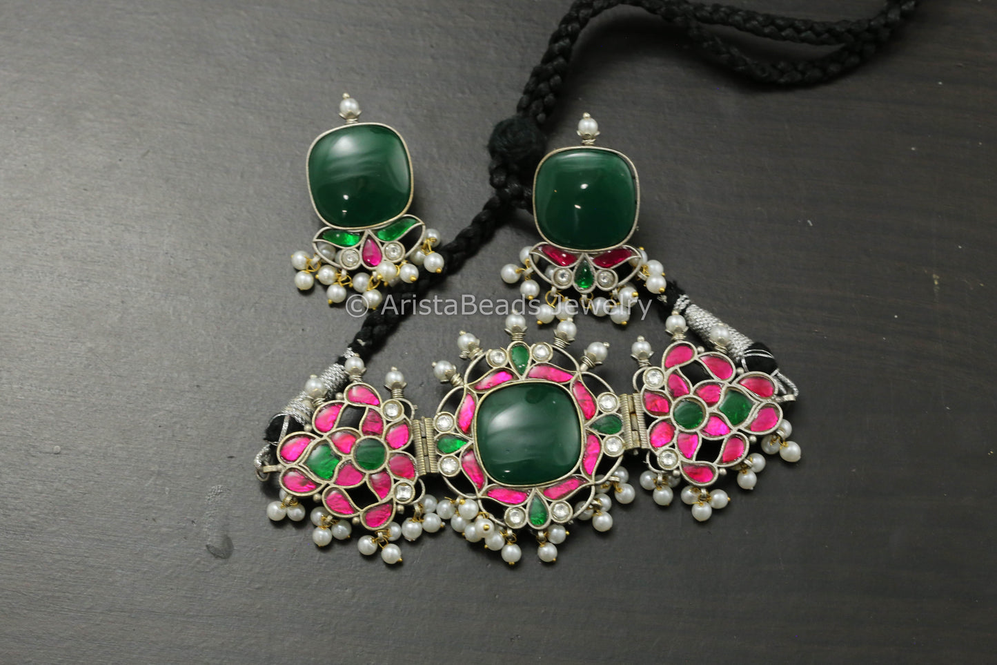Silver Finish Jadau Choker Set - Green