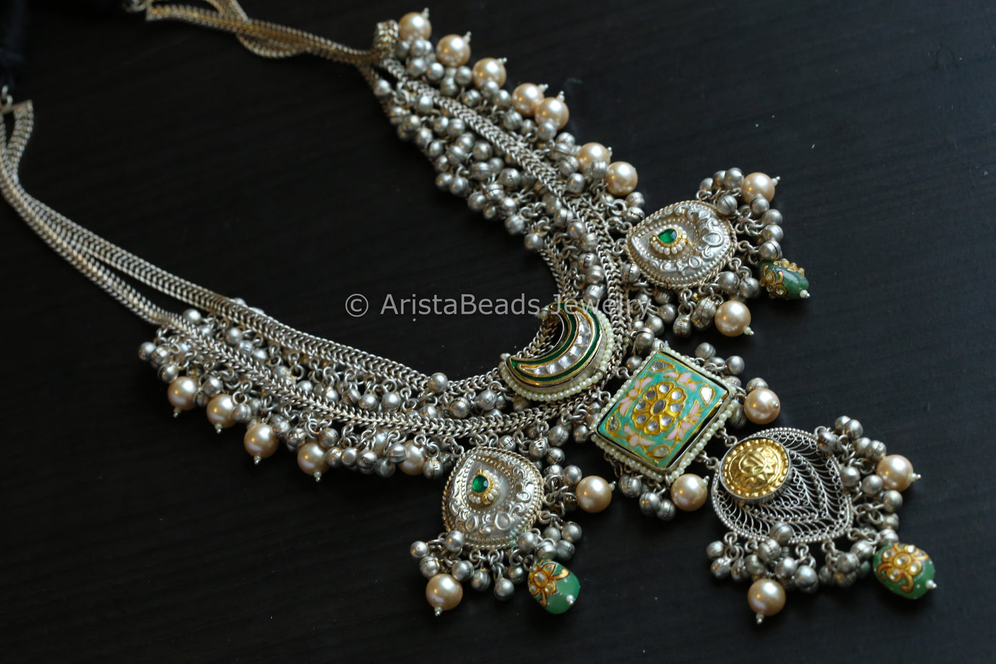 92.5 Silver Polish Kundan & Enamel Long Set - Green Enamel
