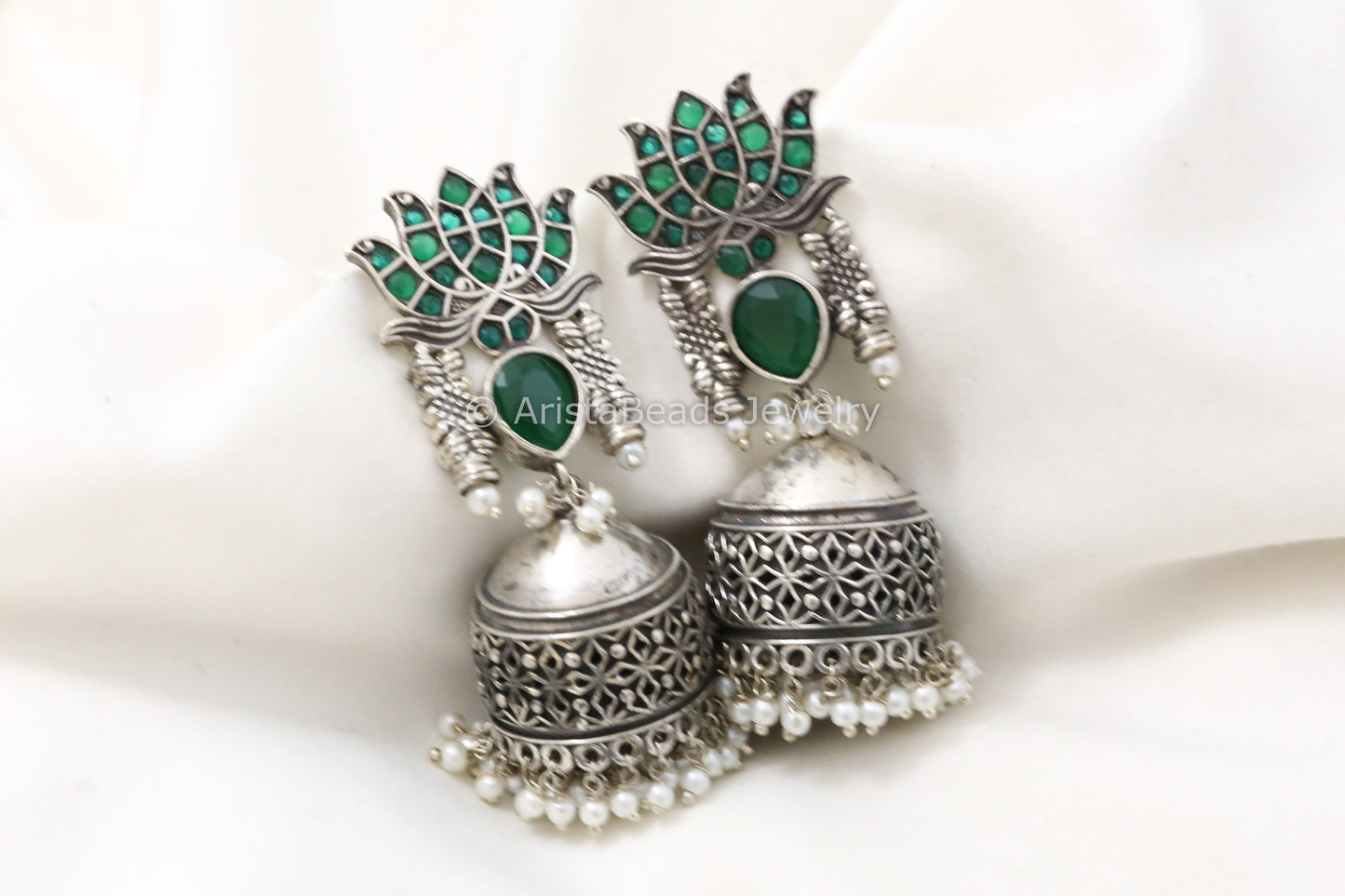 Silver Look Lotus Jhumka - Emerald