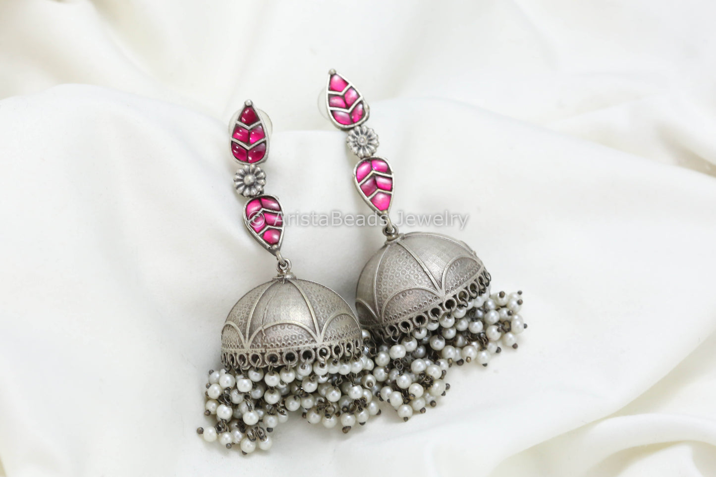 Long Jadau Kundan Silver Fusion Jhumka - Ruby