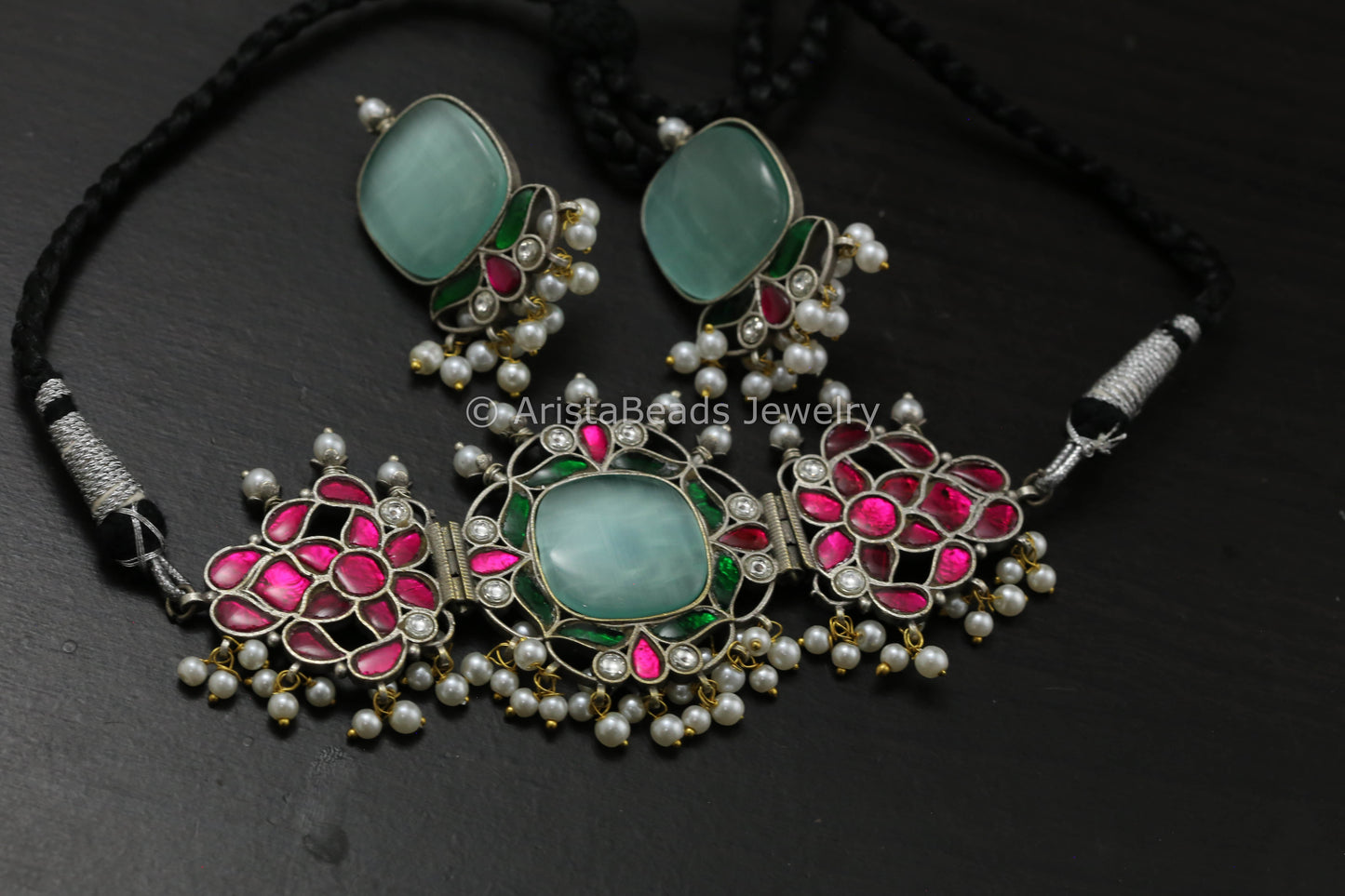 Silver Finish Jadau Choker Set - Mint