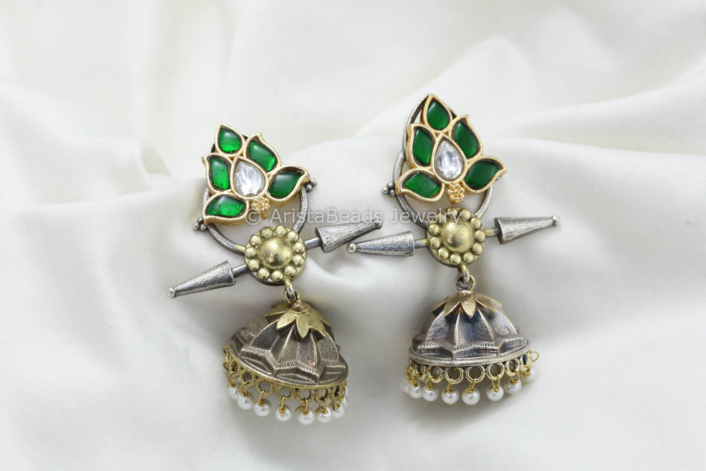 Jadau Kundan Silver Look Fusion Jhumka -Green