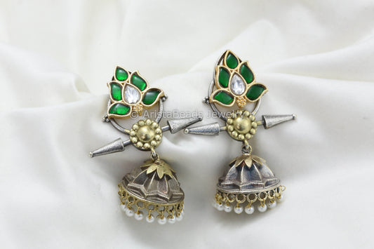 Jadau Kundan Silver Look Fusion Jhumka -Green