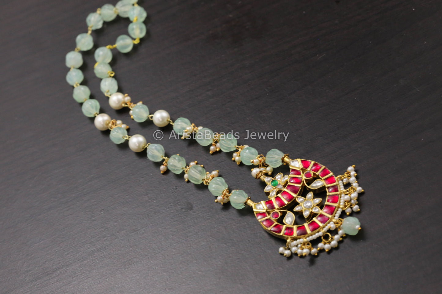 Jadau Kundan Mint Beads Necklace