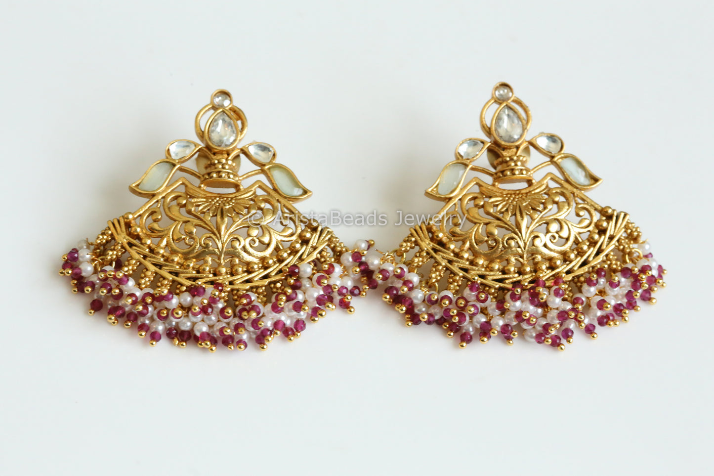 Antique Gold Filigree Chandbaali - Mint Red