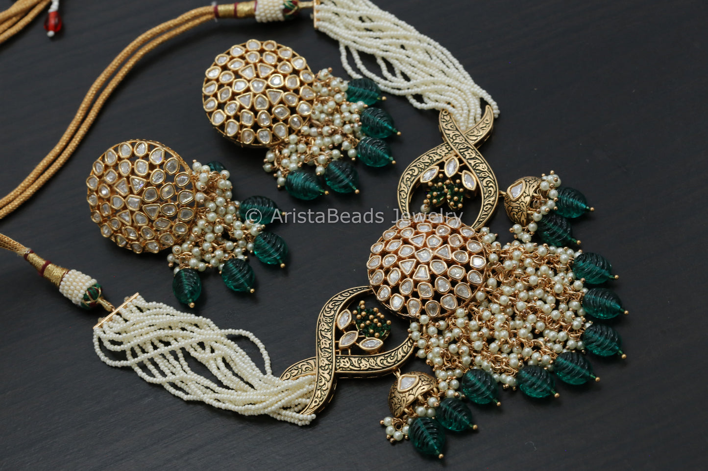 Uncut Polki Kundan Choker Set - Green Drops