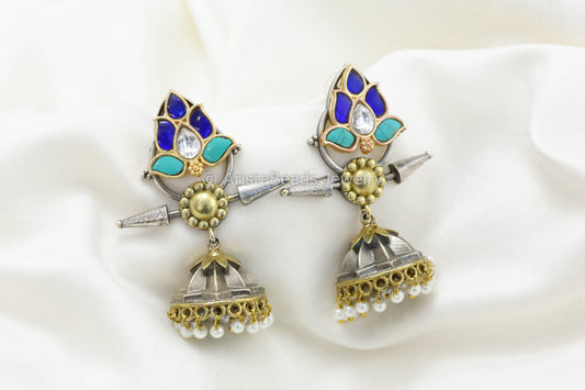 Jadau Kundan Silver Look Fusion Jhumka -Turquoise Blue