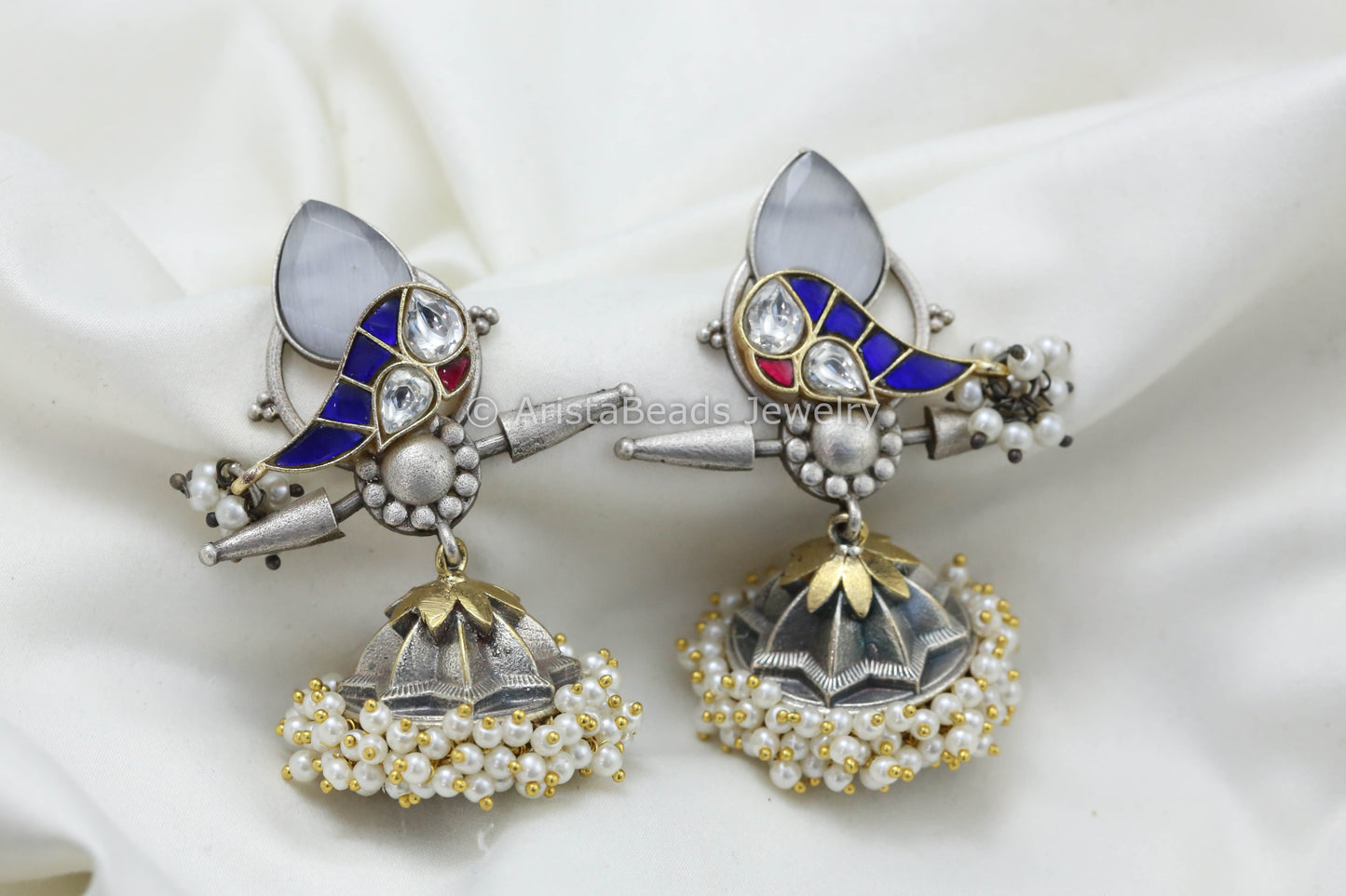 Jadau Kundan Silver Replica Fusion Jhumka -Blue