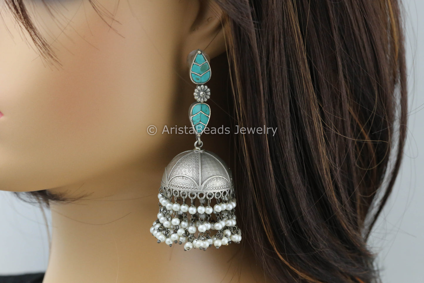Long Jadau Kundan Silver Fusion Jhumka - Turquoise