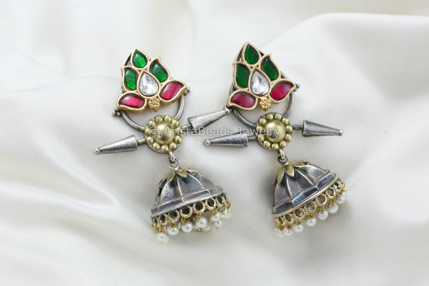 Jadau Kundan Silver Look Fusion Jhumka -Ruby Green