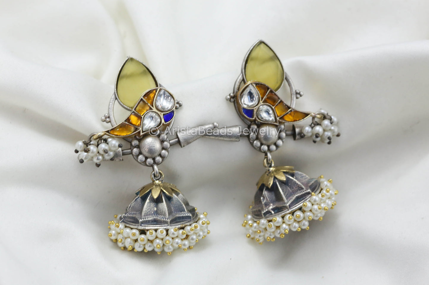 Jadau Kundan Silver Replica Fusion Jhumka -Yellow