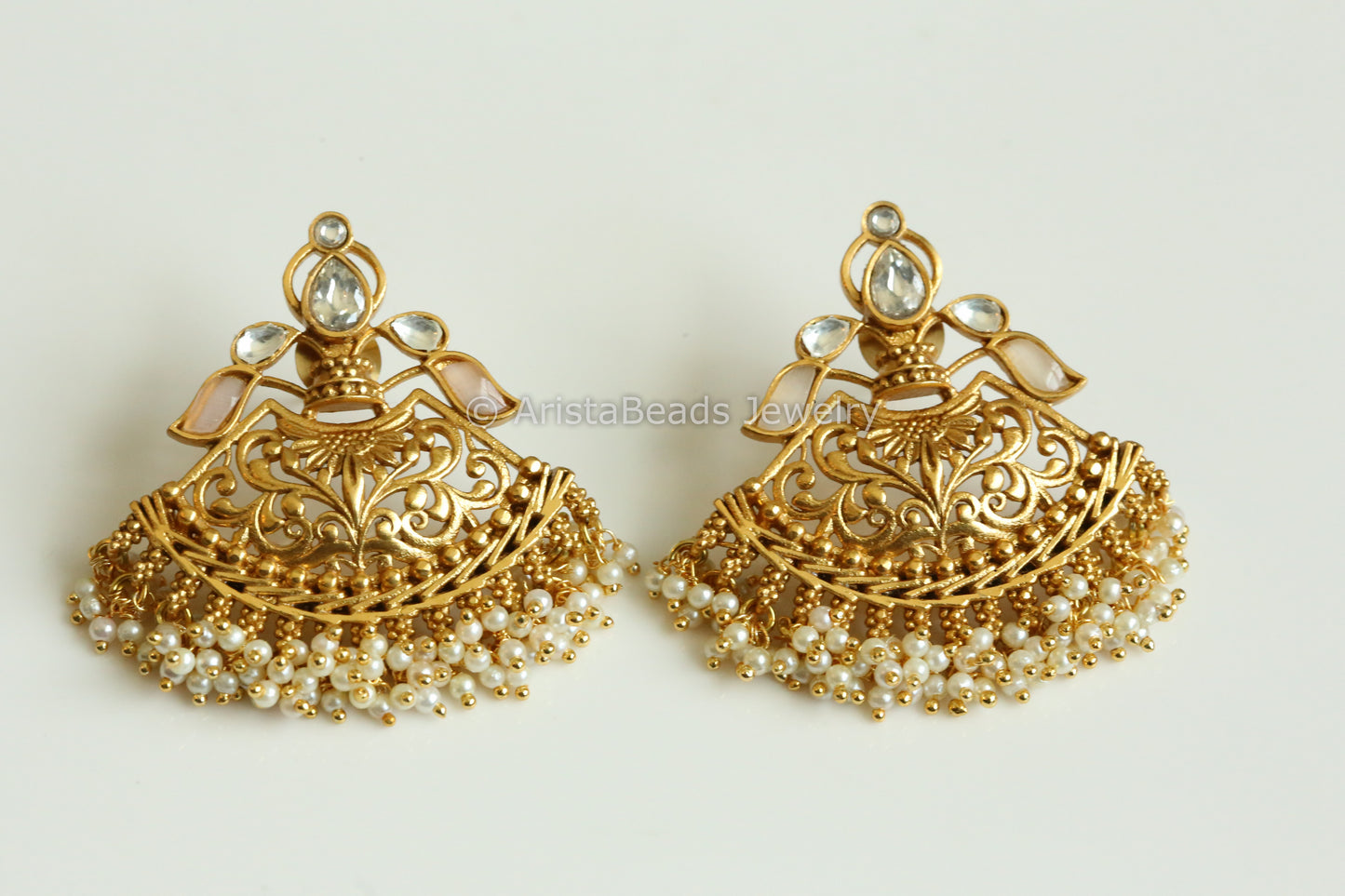 Antique Gold Filigree Chandbaali - Pink Pearl