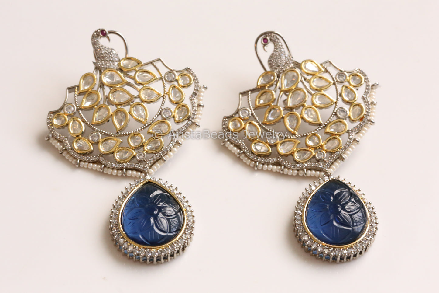 Extra Large Uncut Polki Earrings - Blue Carved Stone