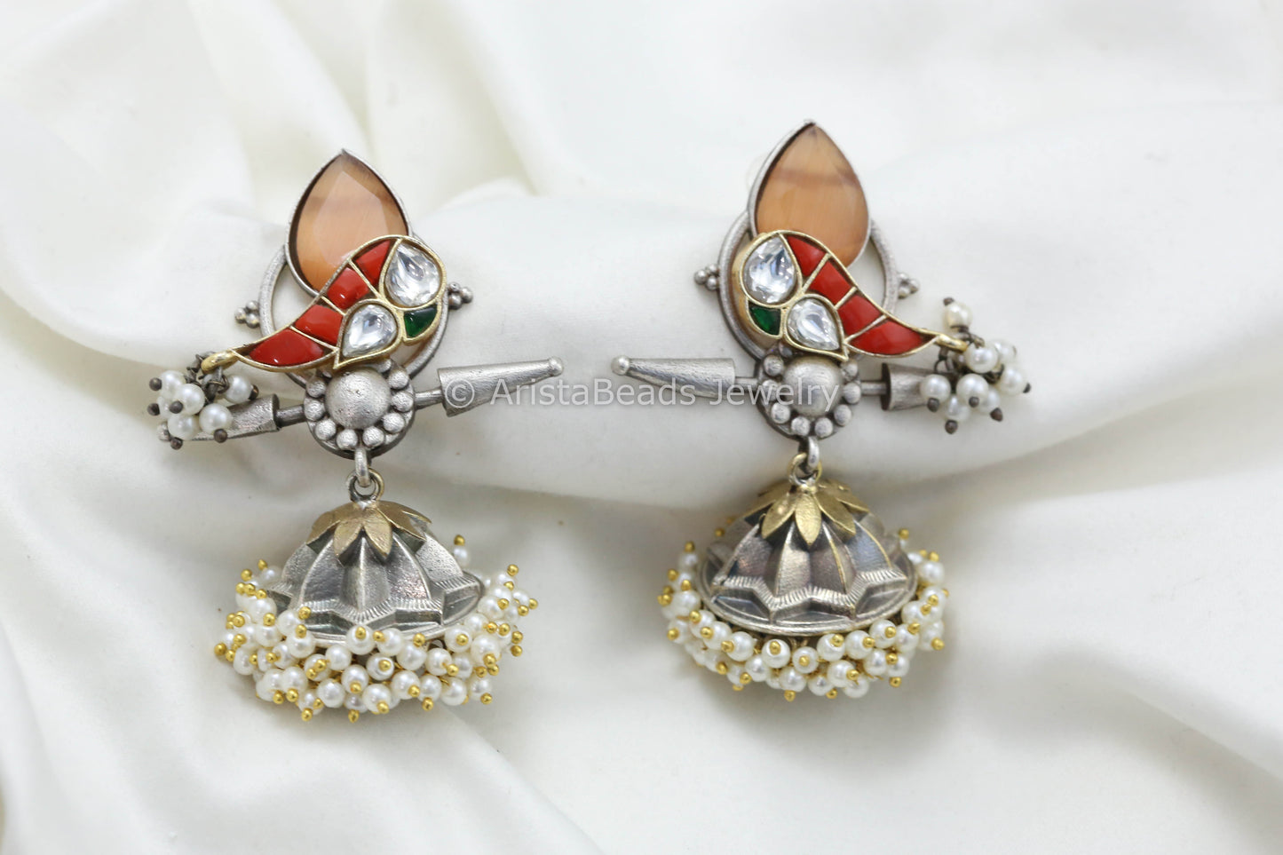 Jadau Kundan Silver Replica Fusion Jhumka -Coral