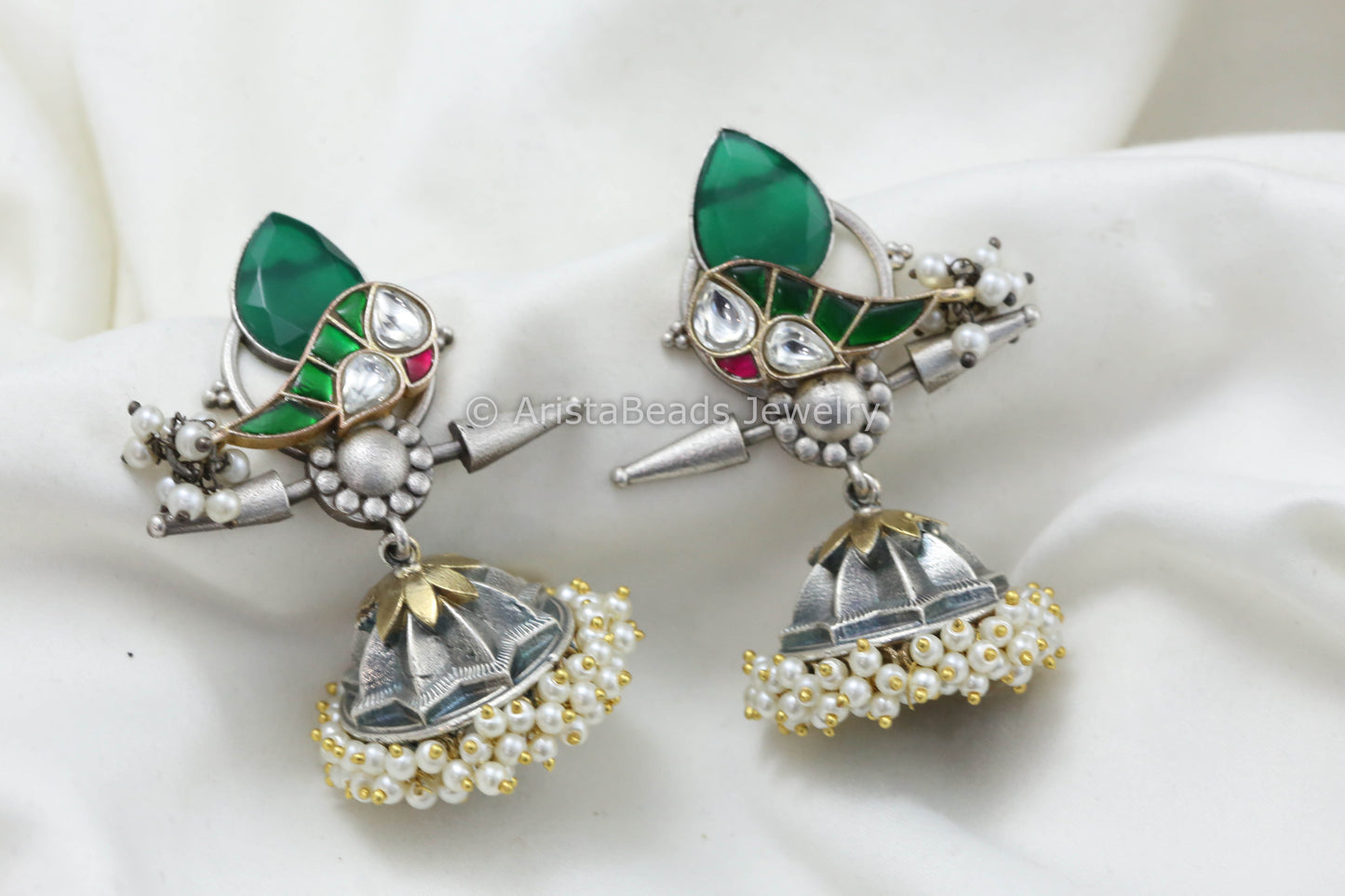 Jadau Kundan Silver Replica Fusion Jhumka - Green
