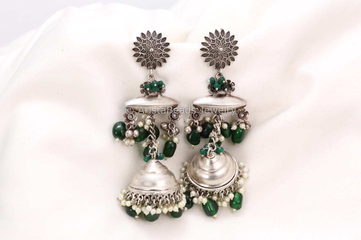 Long 925 Silver Polish Jhumka - Green