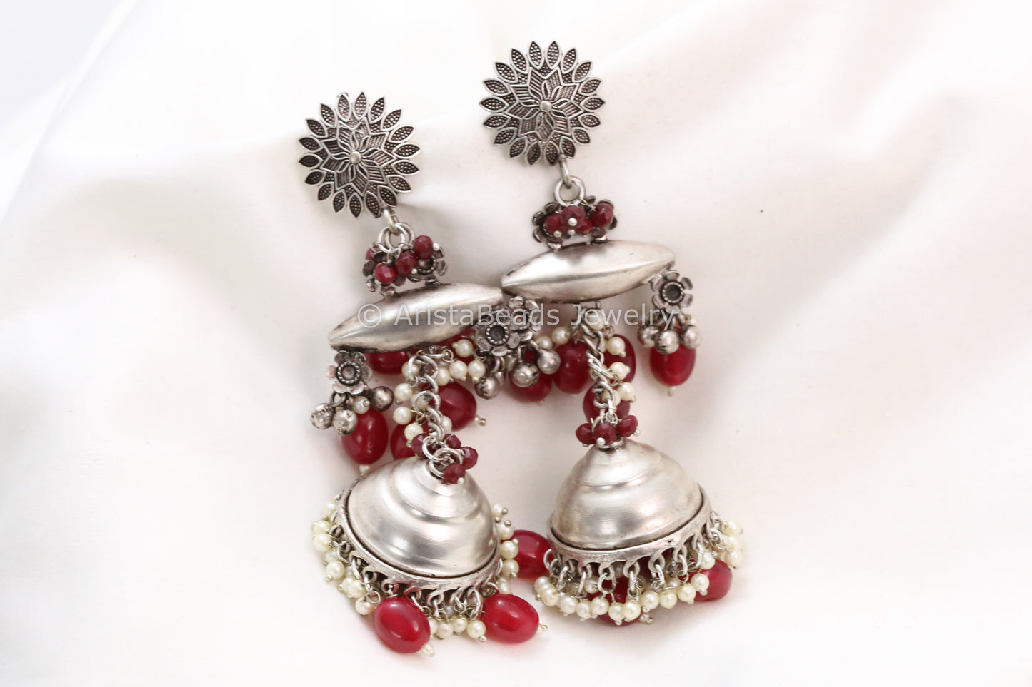 Long 925 Silver Polish Jhumka - Red