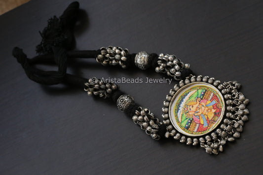 Hand Painted Silver Look Necklace - Black Thread