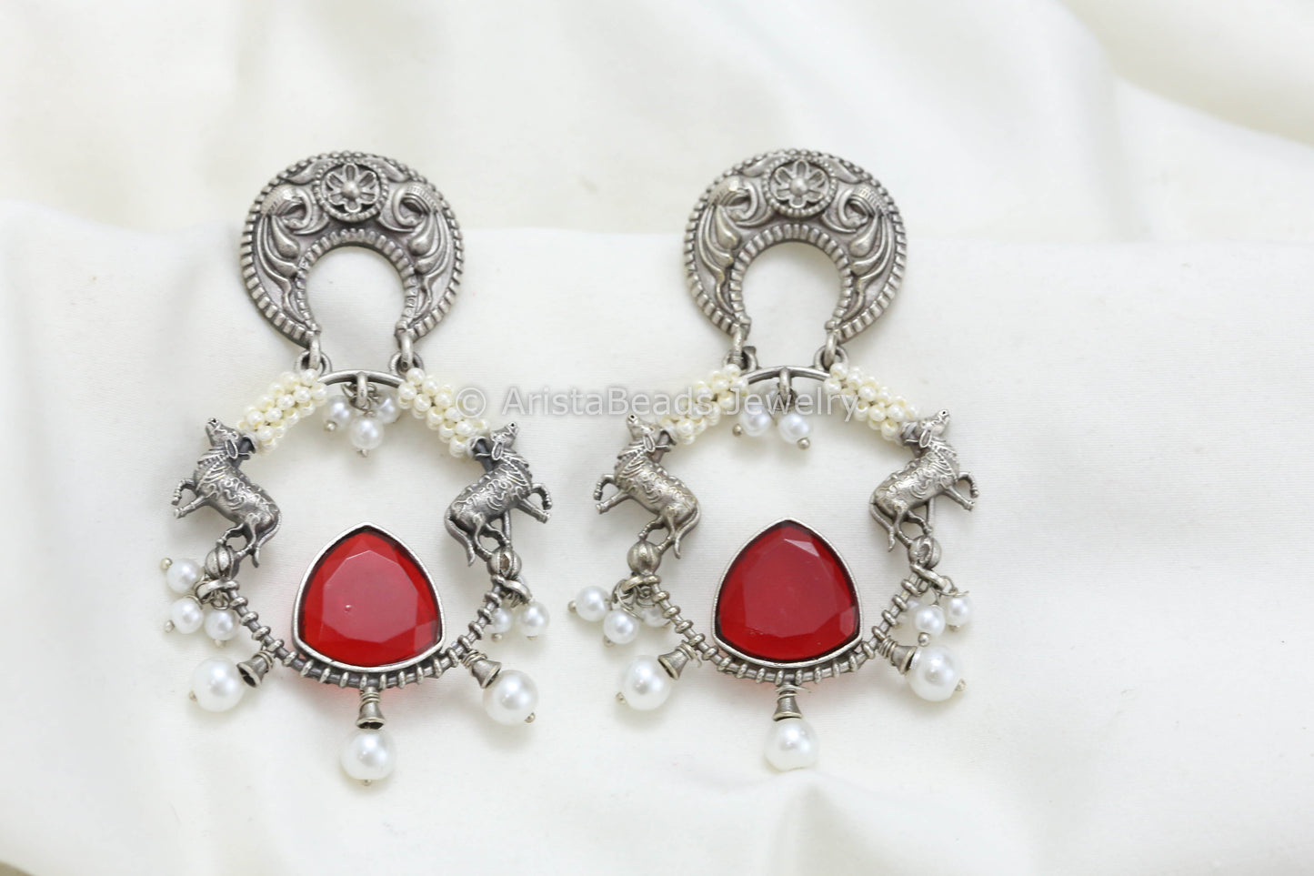 Silver Look Chandbaali - Red