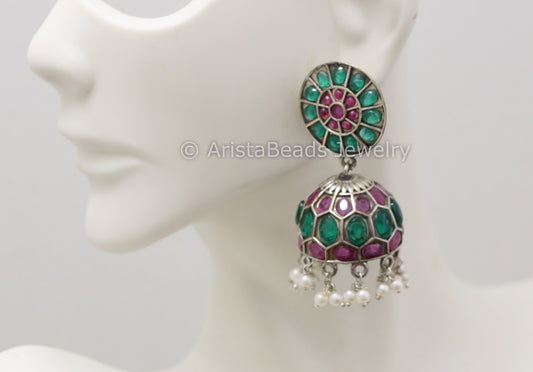 Jadau Look Oxidized Jhumka - Green Ruby