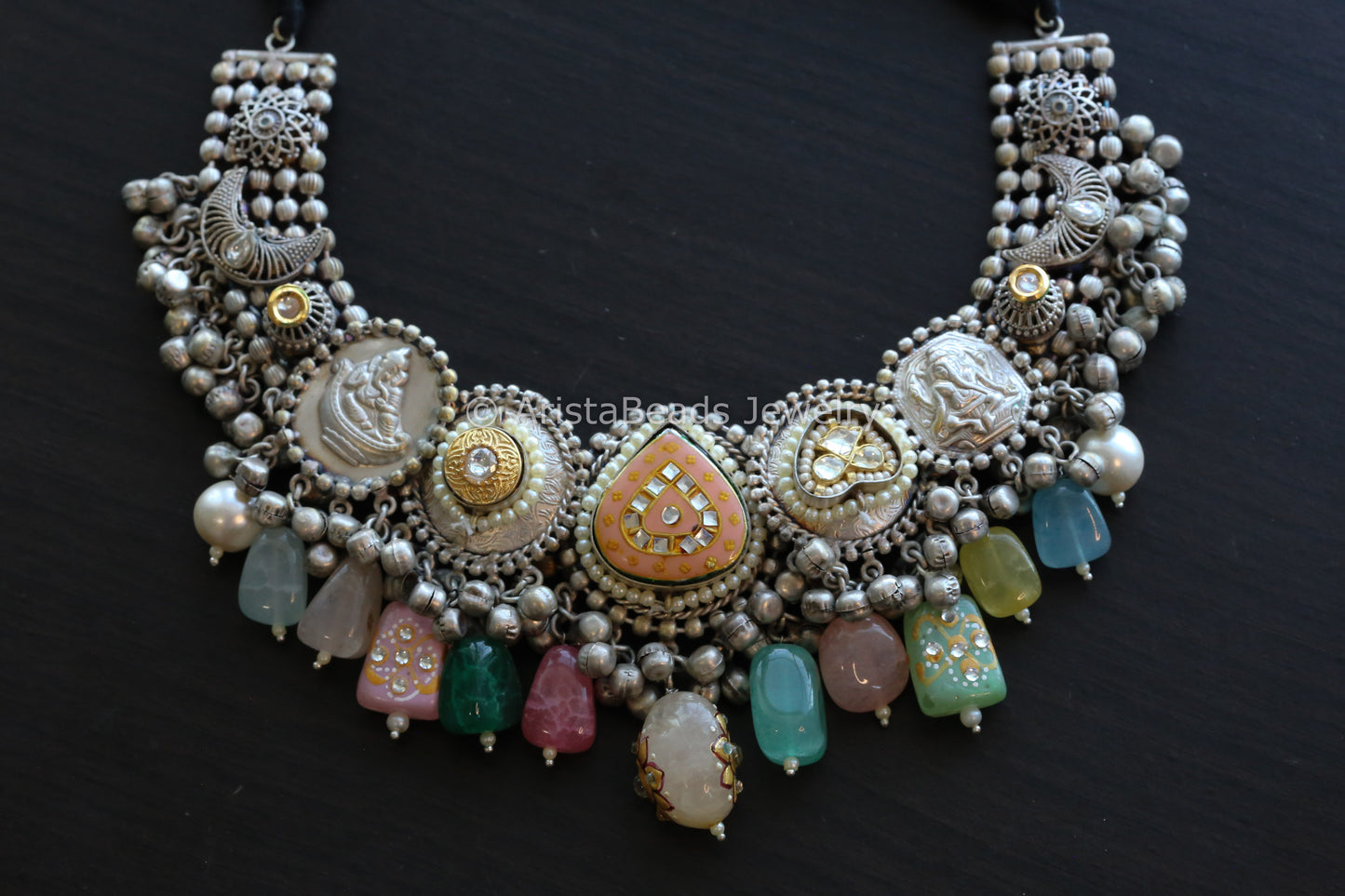 92.5 Silver Polish Kundan Enamel Necklace Set - Style 3