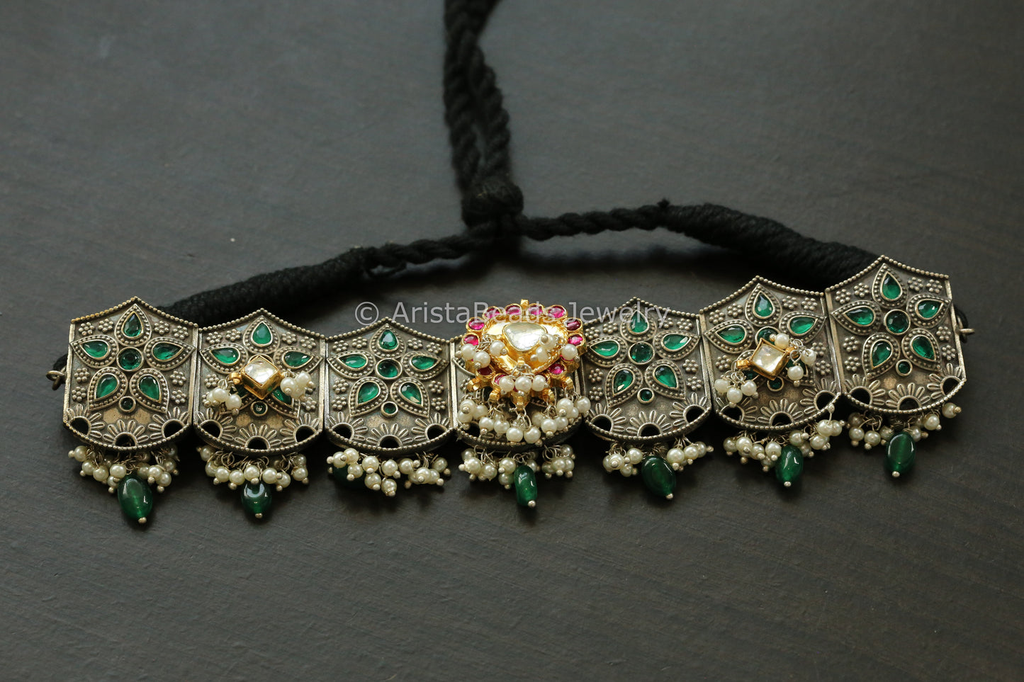 Ruby Pachi Motif Green Oxidized Choker