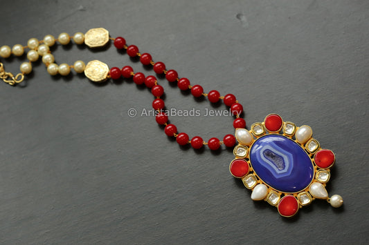 Kundan, Baroque Coral and Blue Agate Slice Necklace