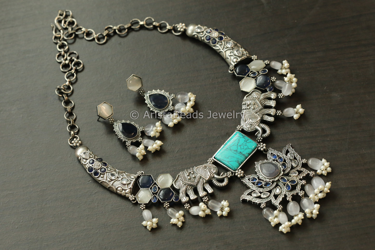 Elephant Lotus Hasli Necklace Set - Turquoise