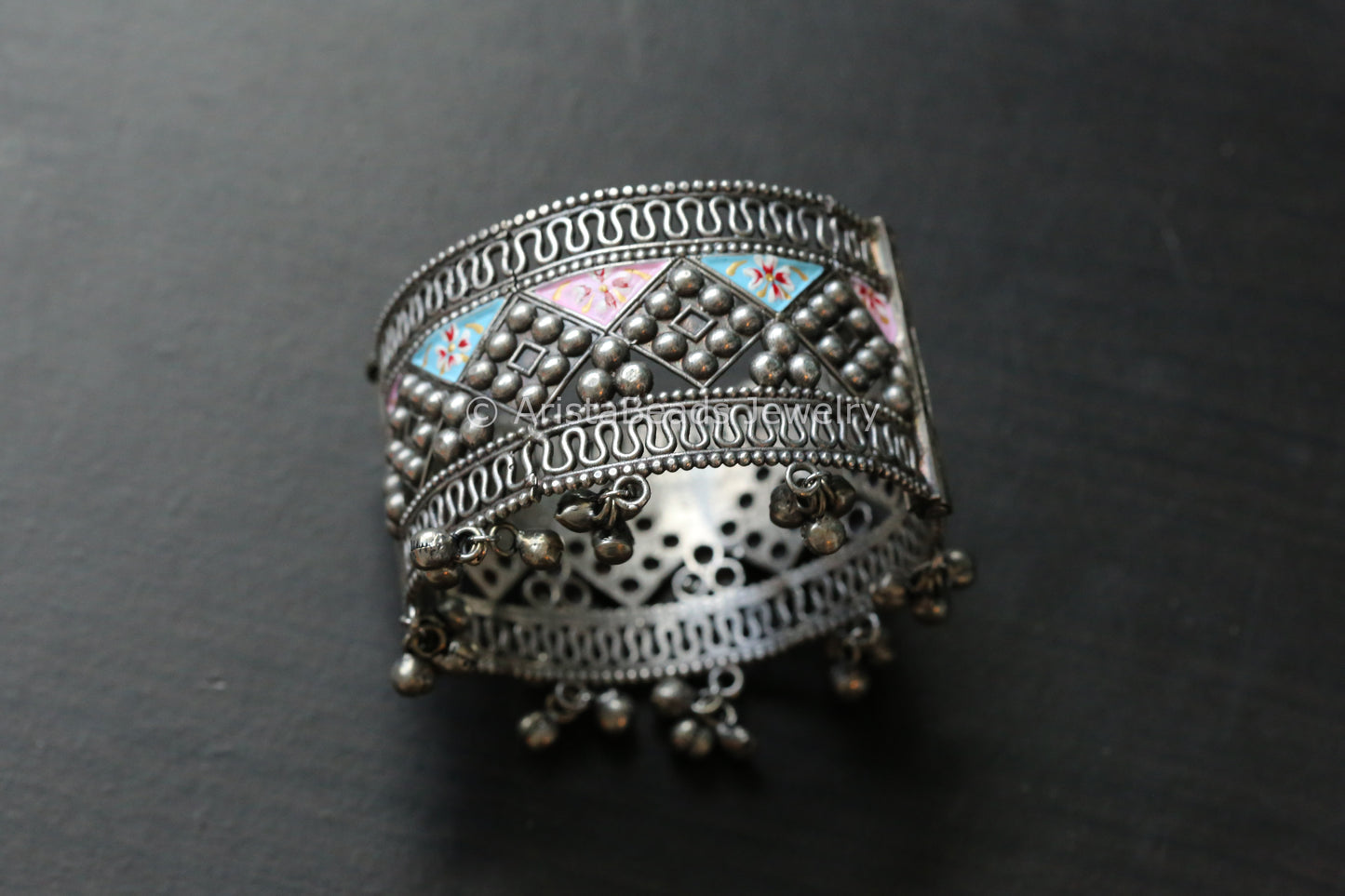 Wide Silver Look Oxidized Enamel Bangle