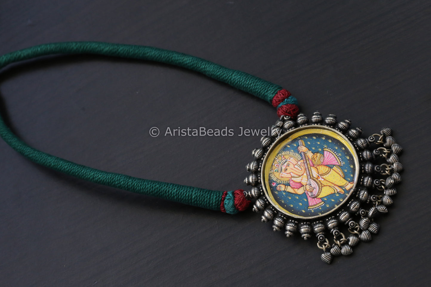 Hand Painted Silver Look Necklace - Green