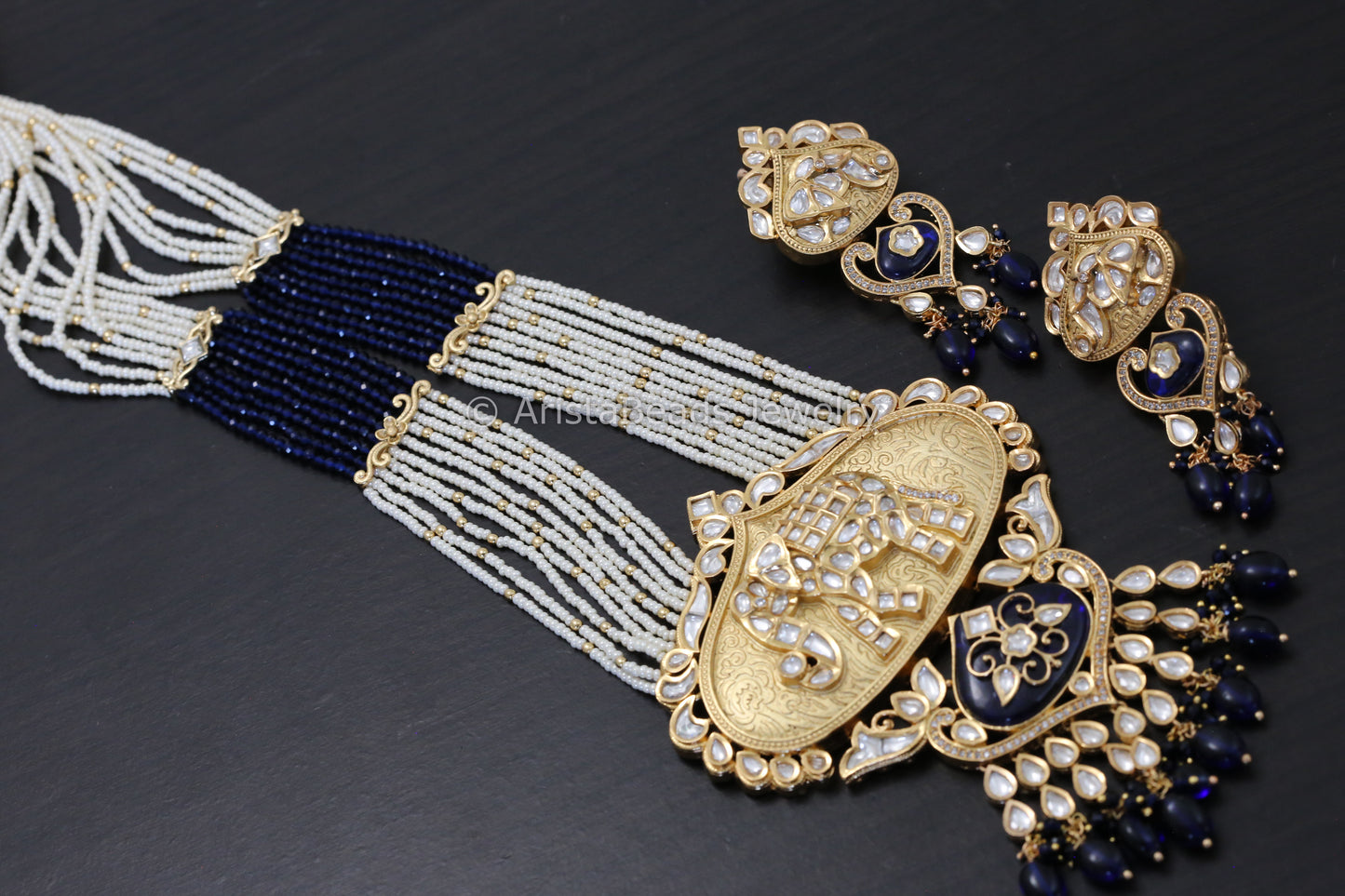 Uncut Kundan Matt Gold Elephant Set - Blue