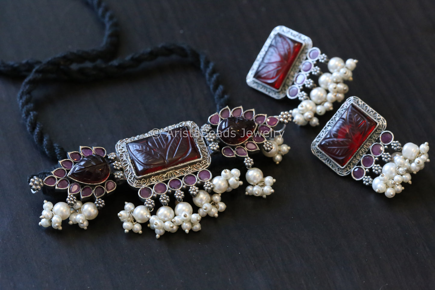 Dark Red Carved Stone Choker Set
