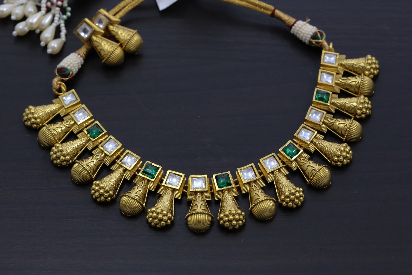 Swarna Antique Gold Kundan Necklace Set - Green
