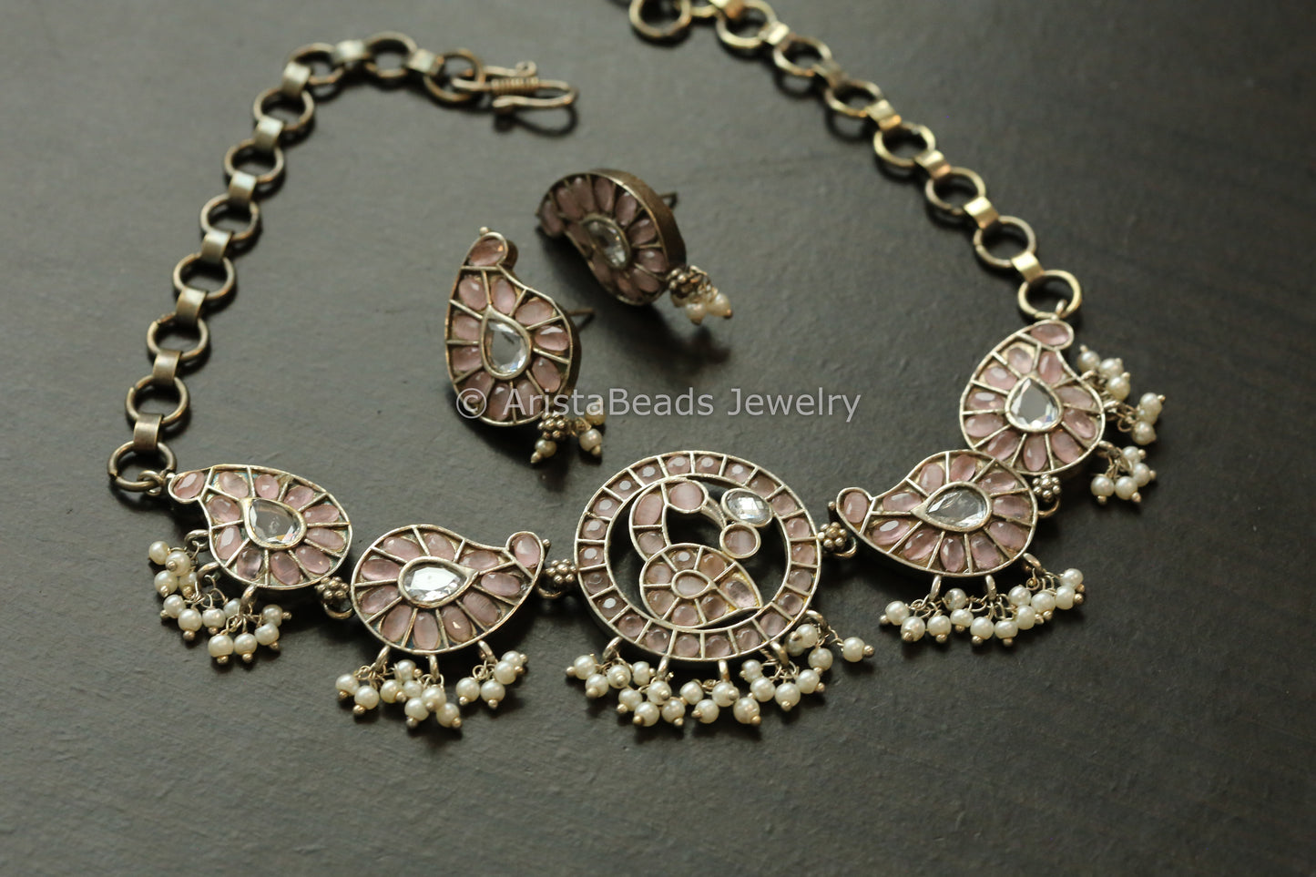 Blush Pink Oxidized Paisley Necklace Set
