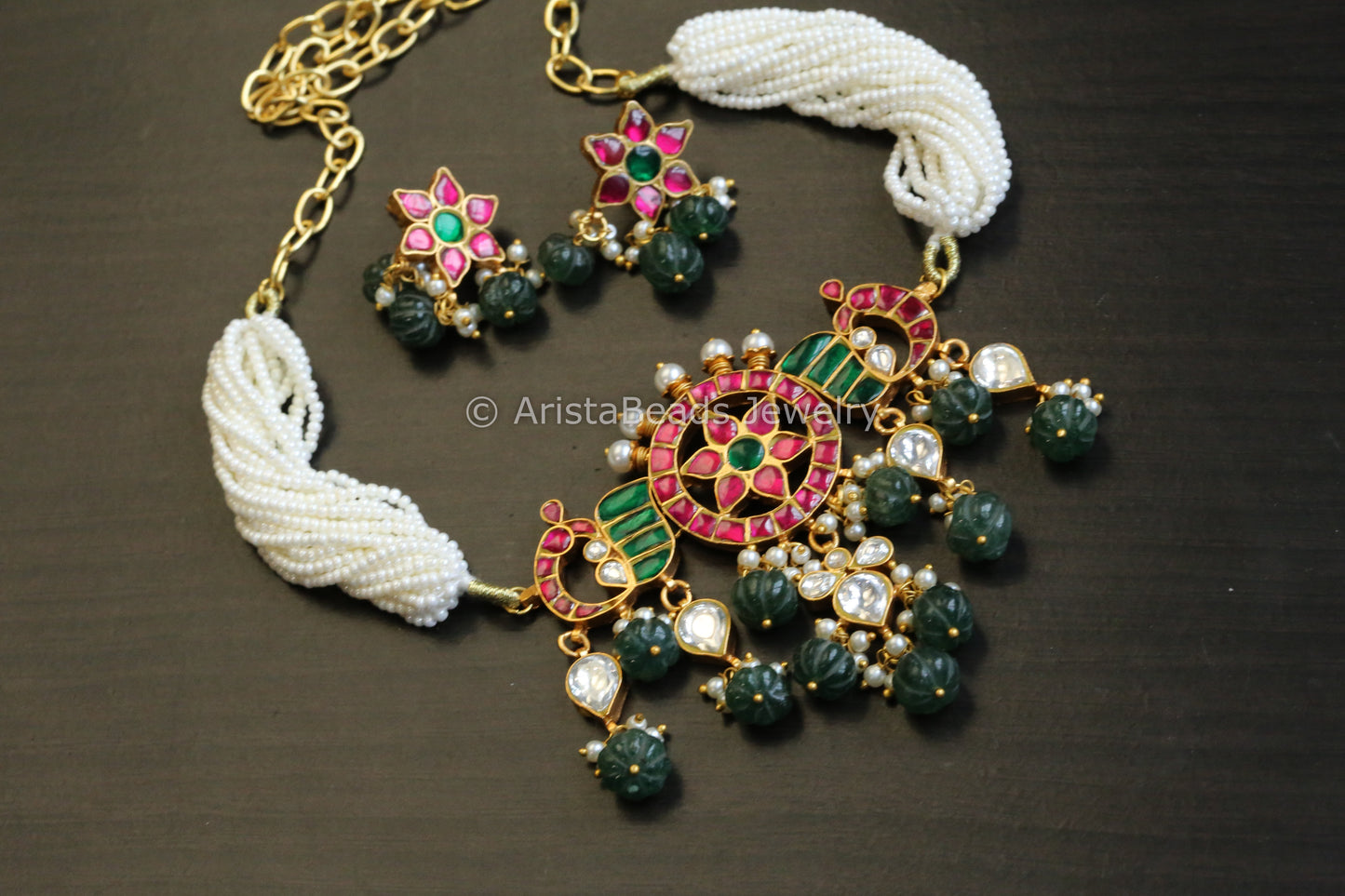 Handmade Jadau Kundan Necklace Choker Set- Fluorite Drops