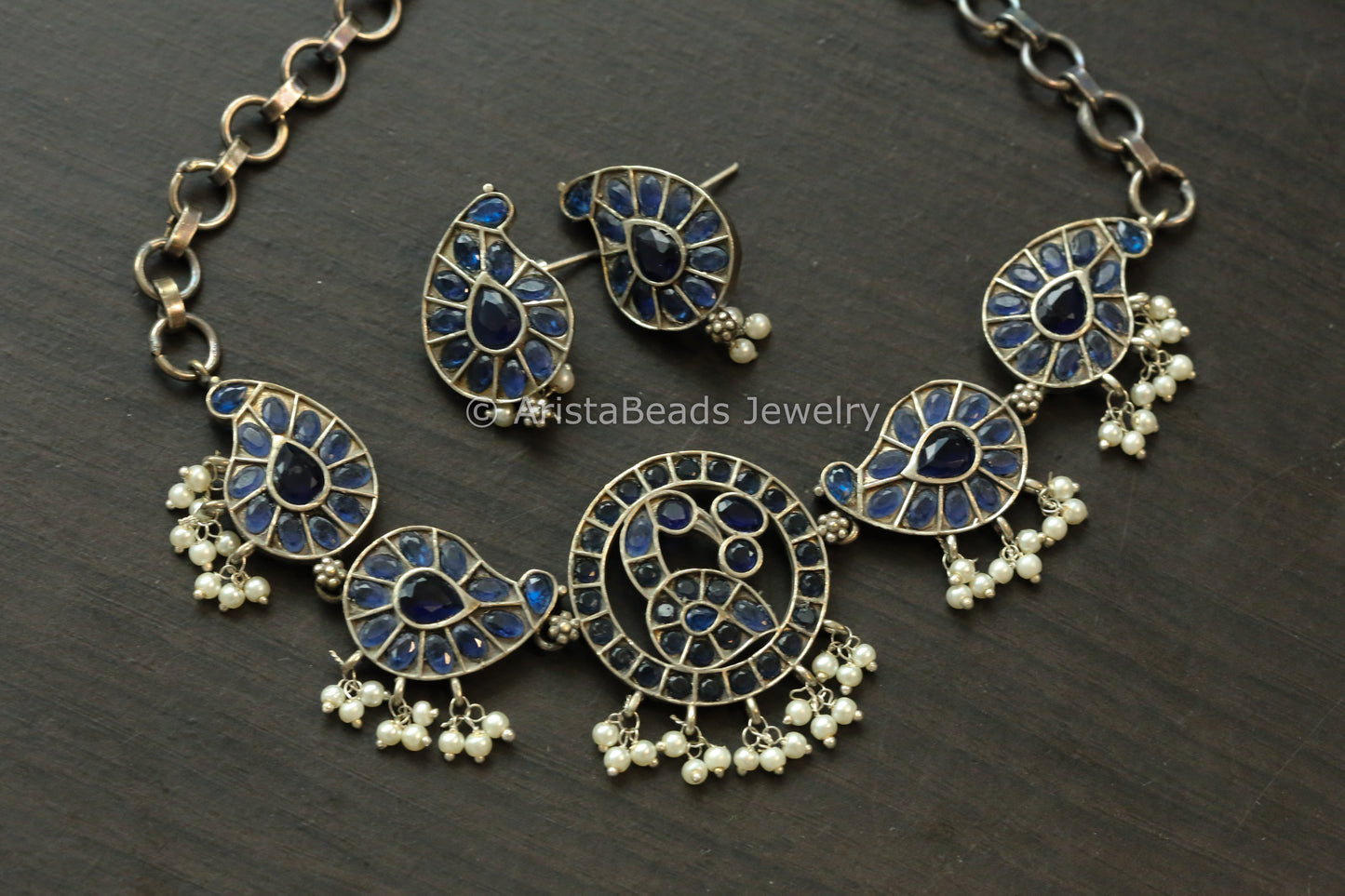 Blue Oxidized Paisley Necklace Set